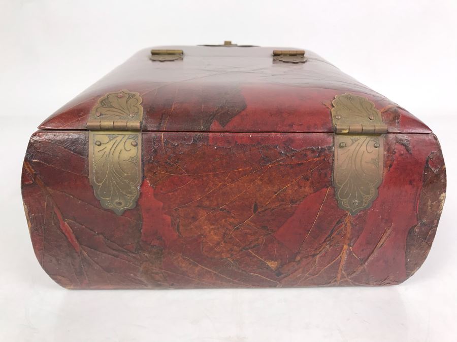 Vintage Asian Wooden Lacquer Jewelry Storage Travel Box With Real Inlaid Lacquer Leaves And Hinged Stand Up Mirror With Drawer Brass Hardware 9W X 10.5D X 4.5H - See Photos [Photo 15]