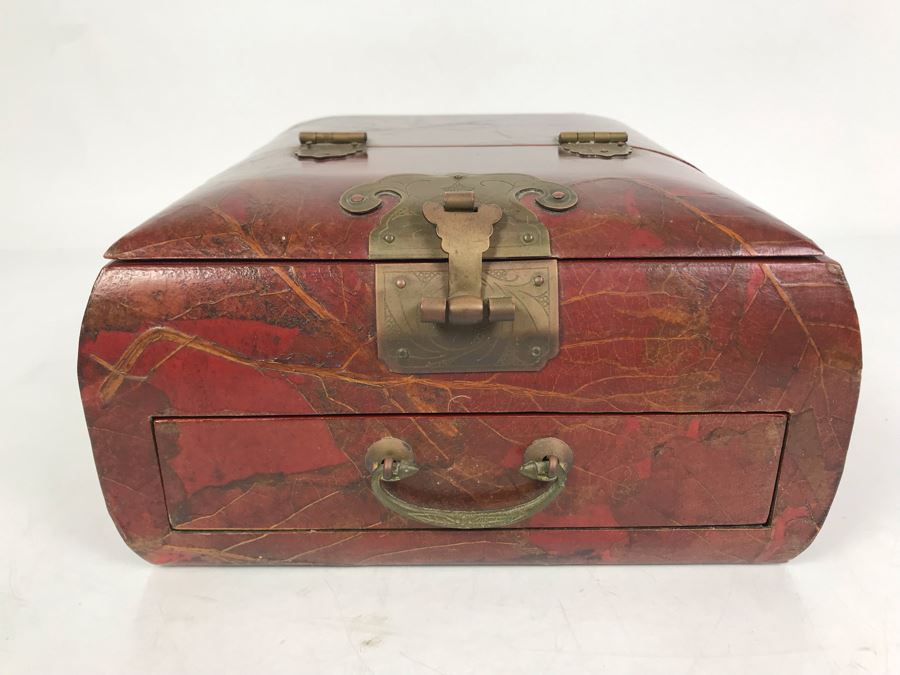 Vintage Asian Wooden Lacquer Jewelry Storage Travel Box With Real Inlaid Lacquer Leaves And Hinged Stand Up Mirror With Drawer Brass Hardware 9W X 10.5D X 4.5H - See Photos [Photo 5]