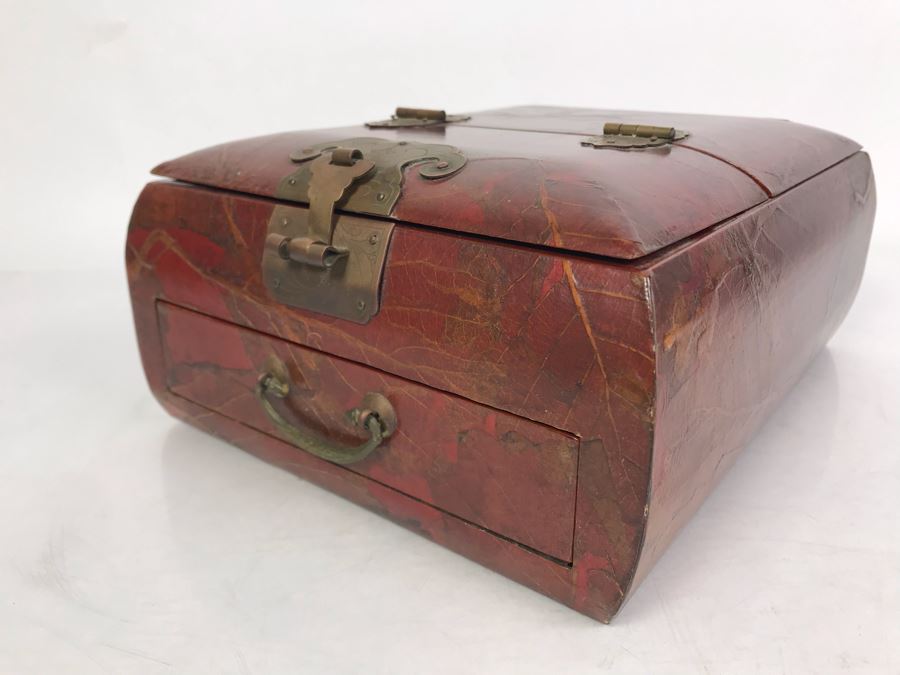 Vintage Asian Wooden Lacquer Jewelry Storage Travel Box With Real Inlaid Lacquer Leaves And Hinged Stand Up Mirror With Drawer Brass Hardware 9W X 10.5D X 4.5H - See Photos [Photo 19]