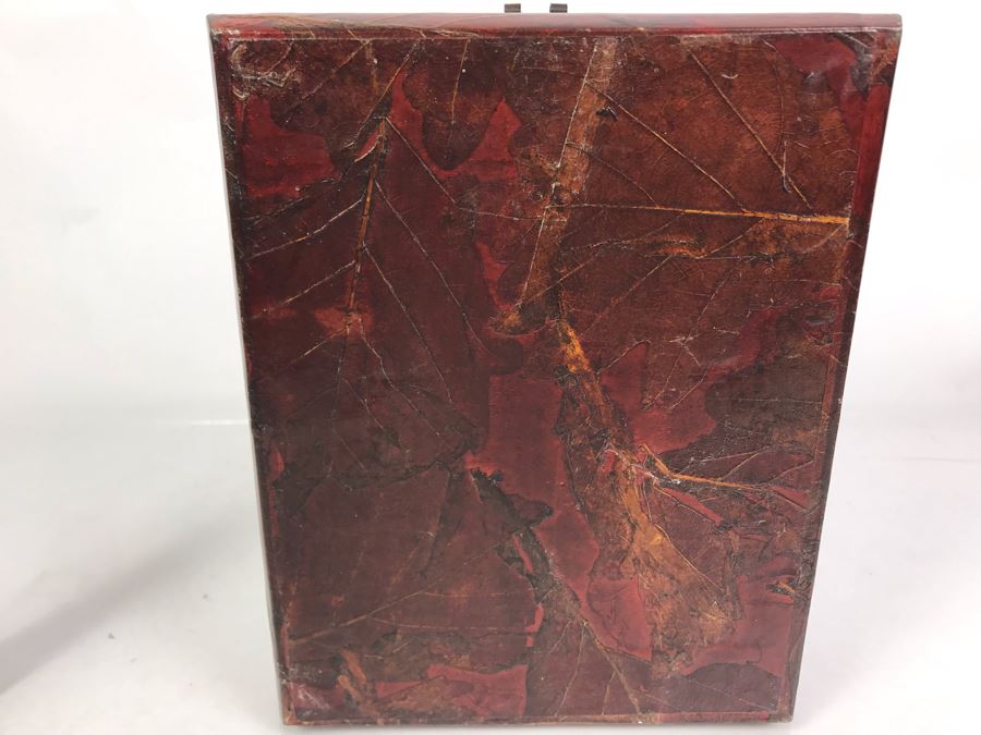 Vintage Asian Wooden Lacquer Jewelry Storage Travel Box With Real Inlaid Lacquer Leaves And Hinged Stand Up Mirror With Drawer Brass Hardware 9W X 10.5D X 4.5H - See Photos [Photo 28]