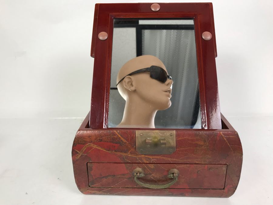 Vintage Asian Wooden Lacquer Jewelry Storage Travel Box With Real Inlaid Lacquer Leaves And Hinged Stand Up Mirror With Drawer Brass Hardware 9W X 10.5D X 4.5H - See Photos [Photo 2]