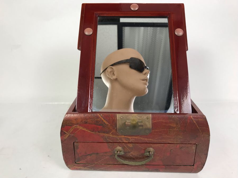 Vintage Asian Wooden Lacquer Jewelry Storage Travel Box With Real Inlaid Lacquer Leaves And Hinged Stand Up Mirror With Drawer Brass Hardware 9W X 10.5D X 4.5H - See Photos [Photo 3]