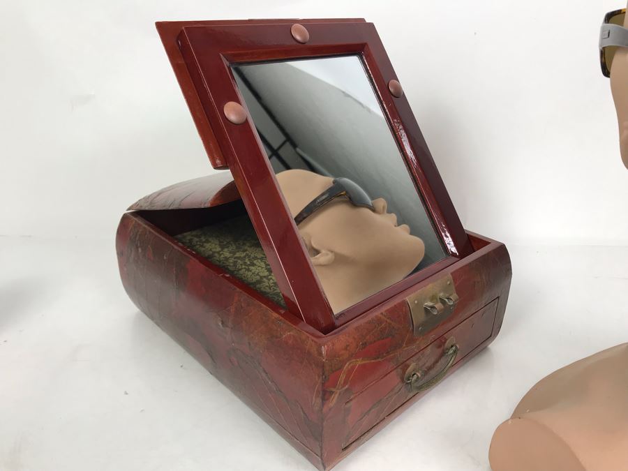 Vintage Asian Wooden Lacquer Jewelry Storage Travel Box With Real Inlaid Lacquer Leaves And Hinged Stand Up Mirror With Drawer Brass Hardware 9W X 10.5D X 4.5H - See Photos [Photo 7]