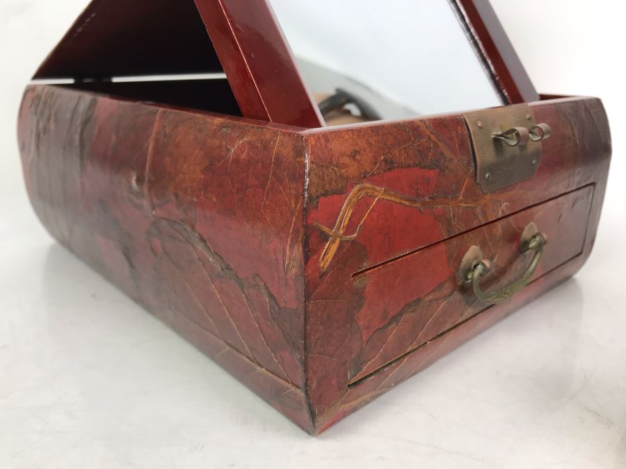 Vintage Asian Wooden Lacquer Jewelry Storage Travel Box With Real Inlaid Lacquer Leaves And Hinged Stand Up Mirror With Drawer Brass Hardware 9W X 10.5D X 4.5H - See Photos [Photo 9]