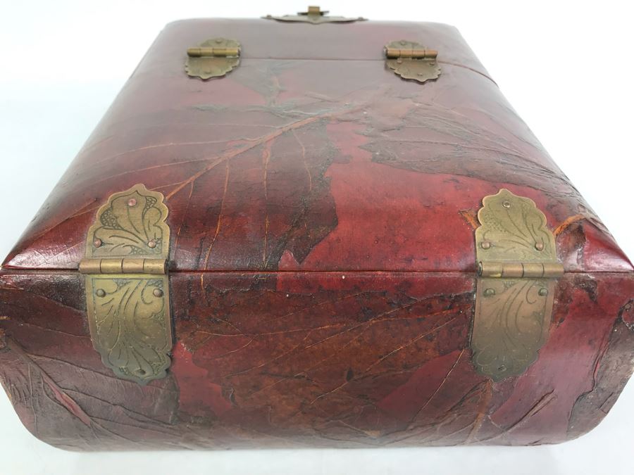 Vintage Asian Wooden Lacquer Jewelry Storage Travel Box With Real Inlaid Lacquer Leaves And Hinged Stand Up Mirror With Drawer Brass Hardware 9W X 10.5D X 4.5H - See Photos [Photo 16]