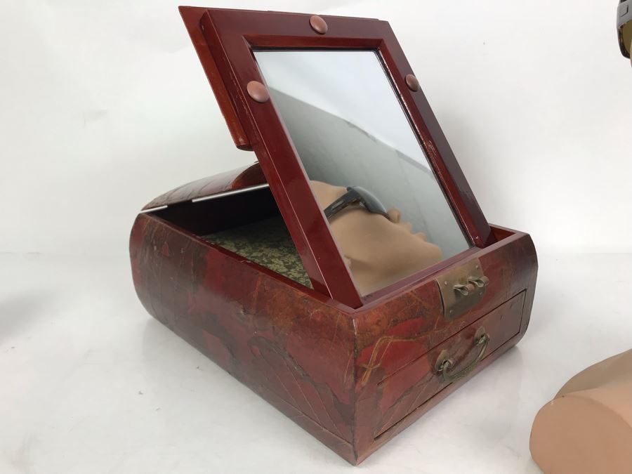 Vintage Asian Wooden Lacquer Jewelry Storage Travel Box With Real Inlaid Lacquer Leaves And Hinged Stand Up Mirror With Drawer Brass Hardware 9W X 10.5D X 4.5H - See Photos [Photo 8]