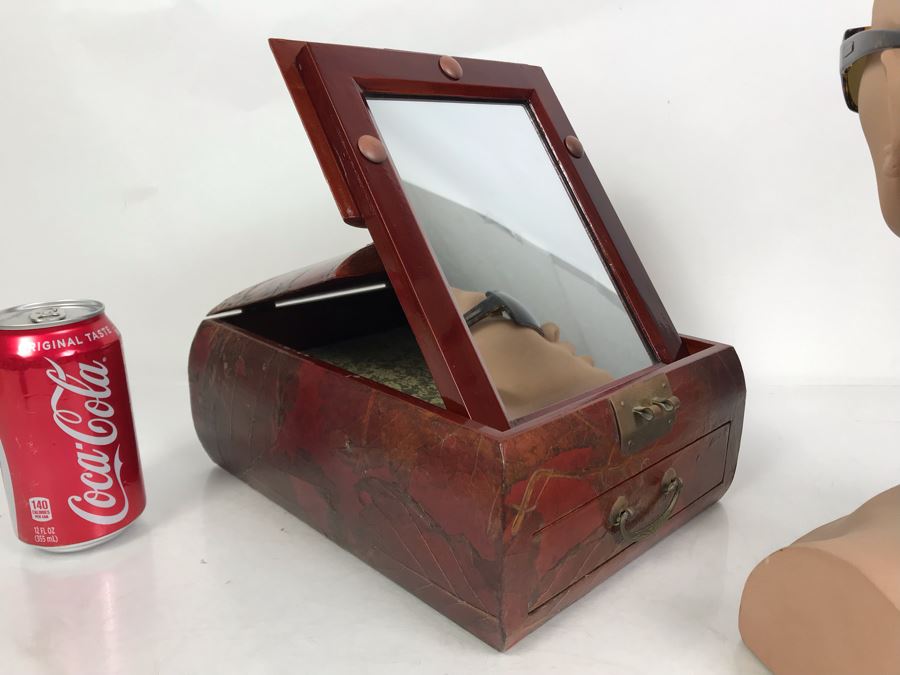 Vintage Asian Wooden Lacquer Jewelry Storage Travel Box With Real Inlaid Lacquer Leaves And Hinged Stand Up Mirror With Drawer Brass Hardware 9W X 10.5D X 4.5H - See Photos [Photo 10]