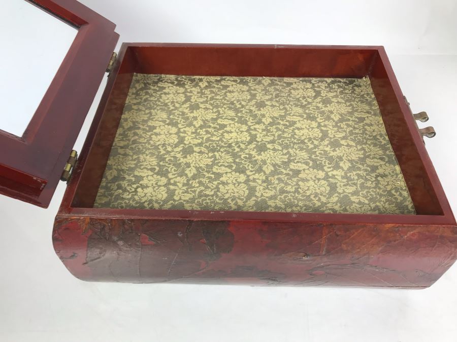 Vintage Asian Wooden Lacquer Jewelry Storage Travel Box With Real Inlaid Lacquer Leaves And Hinged Stand Up Mirror With Drawer Brass Hardware 9W X 10.5D X 4.5H - See Photos [Photo 14]