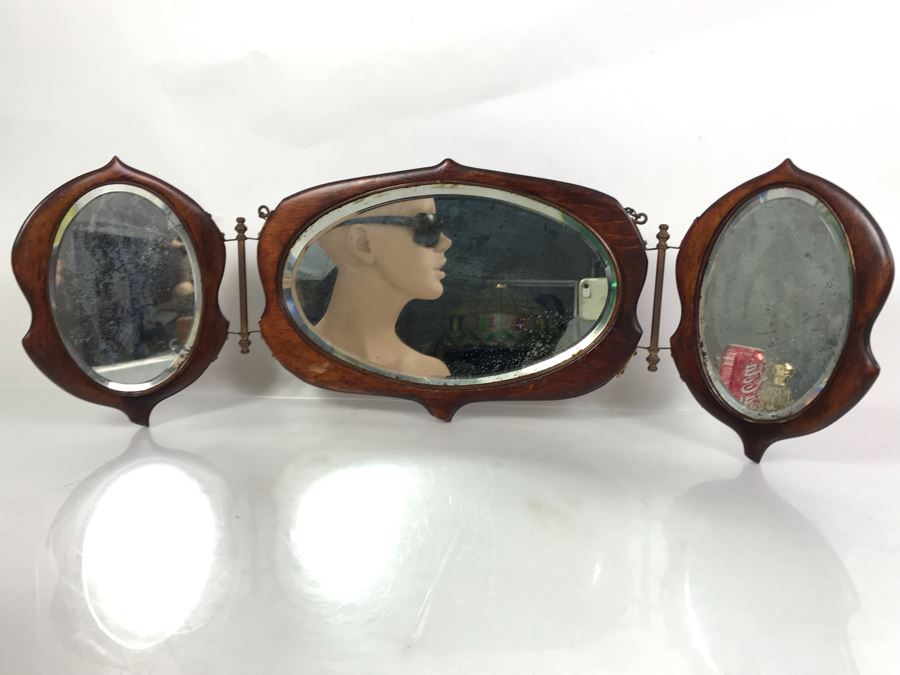 Antique 3-Panel Folding Beveled Glass Mirror 27W X 9H [Photo 4]