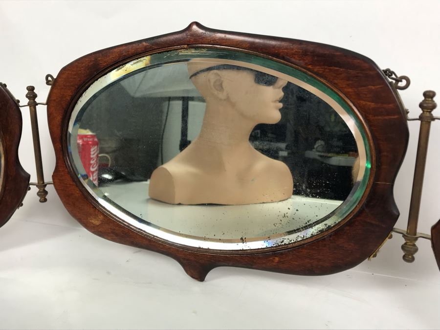 Antique 3-Panel Folding Beveled Glass Mirror 27W X 9H [Photo 8]