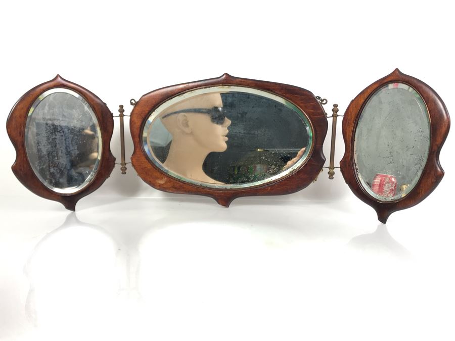 Antique 3-Panel Folding Beveled Glass Mirror 27W X 9H [Photo 3]
