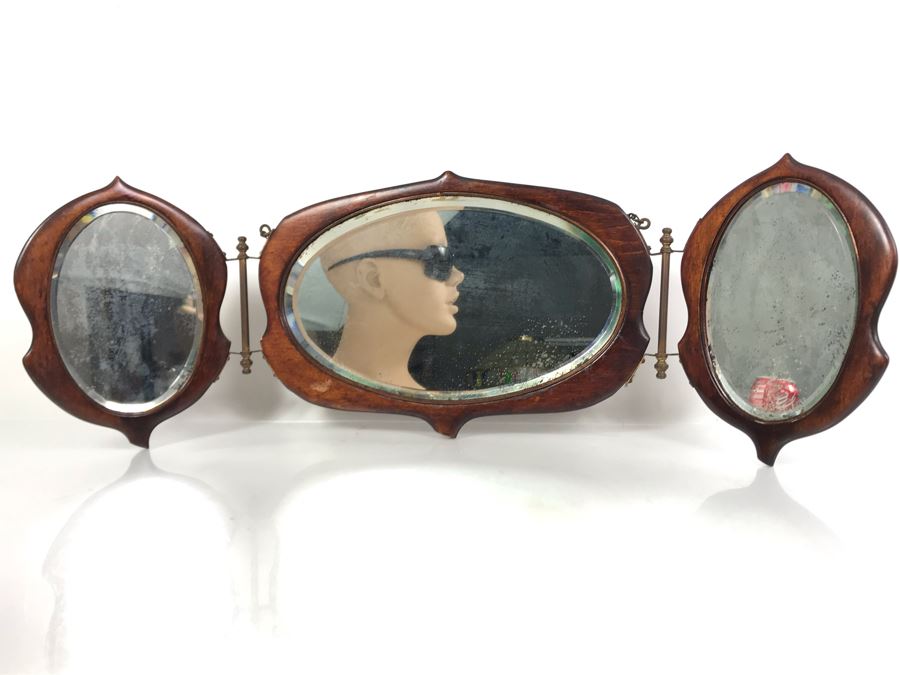 Antique 3-Panel Folding Beveled Glass Mirror 27W X 9H [Photo 6]