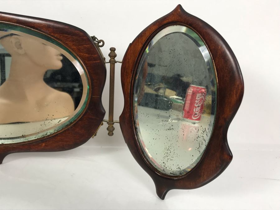 Antique 3-Panel Folding Beveled Glass Mirror 27W X 9H [Photo 7]