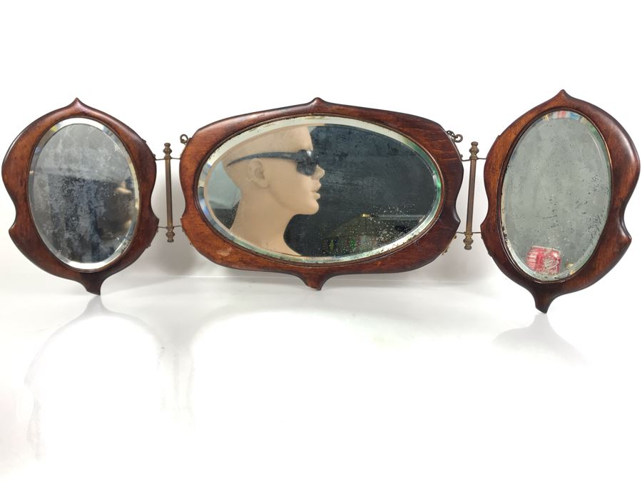 Antique 3-Panel Folding Beveled Glass Mirror 27W X 9H [Photo 5]