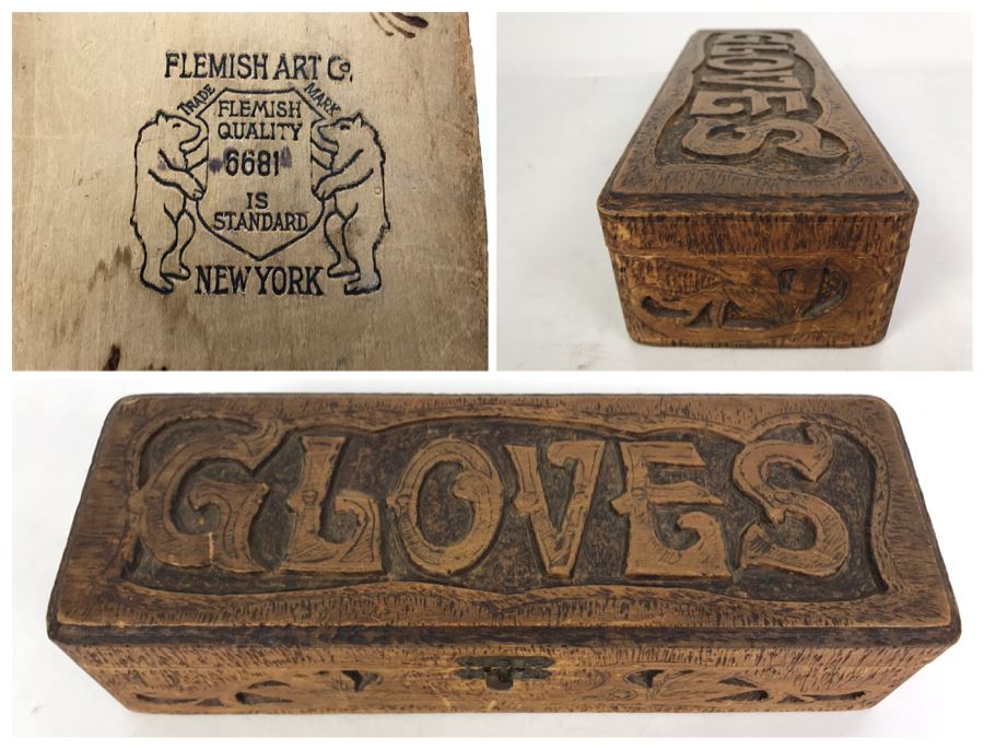 Antique 1910 Flemish Art Co Pyrography Burnt Wooden Box With Pair Of Leather Gloves 11.5W X 4D X 2.75H [Photo 1]