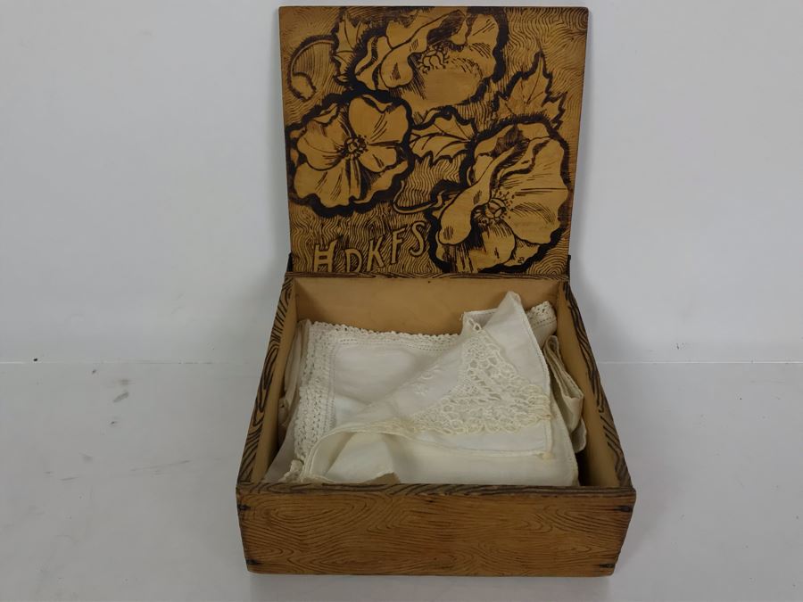 Antique Signed HDKFS Pyrography Burnt Wooden Hankie Box With Vintage Handkerchiefs Flemish Art 6W X 6D X 2H [Photo 9]