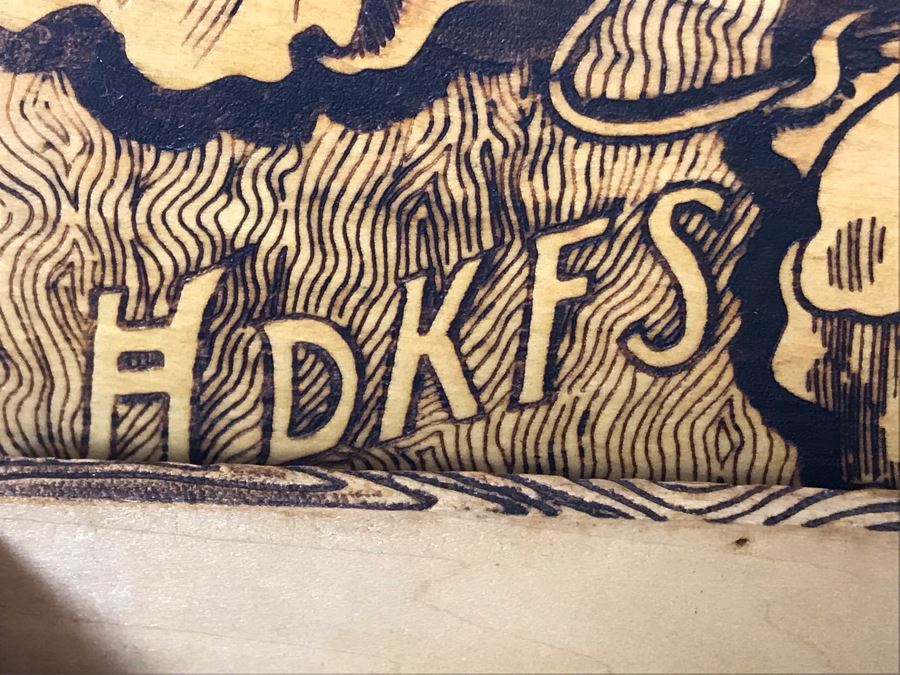 Antique Signed HDKFS Pyrography Burnt Wooden Hankie Box With Vintage Handkerchiefs Flemish Art 6W X 6D X 2H [Photo 11]