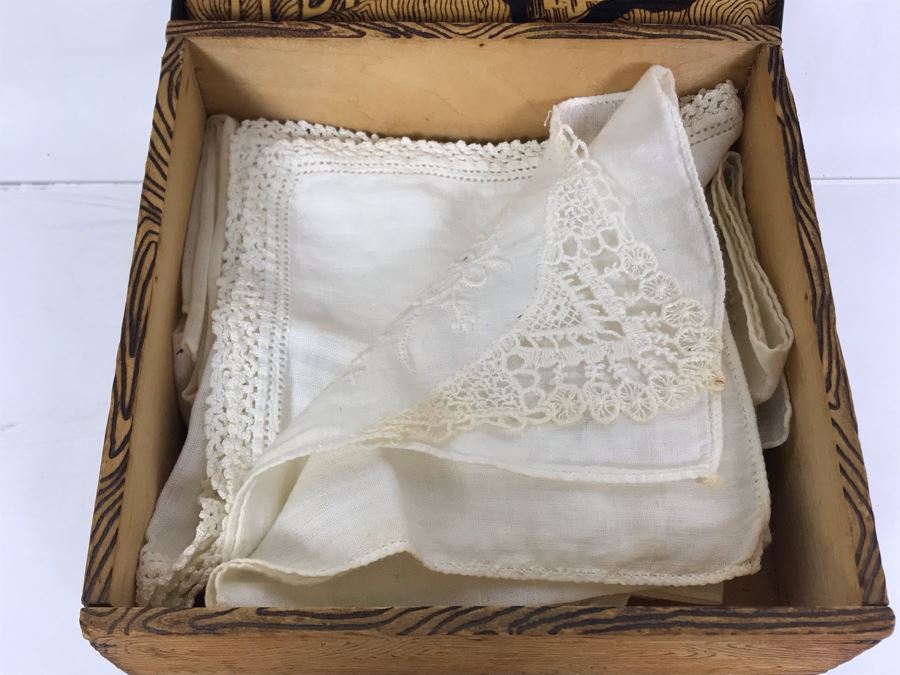 Antique Signed HDKFS Pyrography Burnt Wooden Hankie Box With Vintage Handkerchiefs Flemish Art 6W X 6D X 2H [Photo 13]