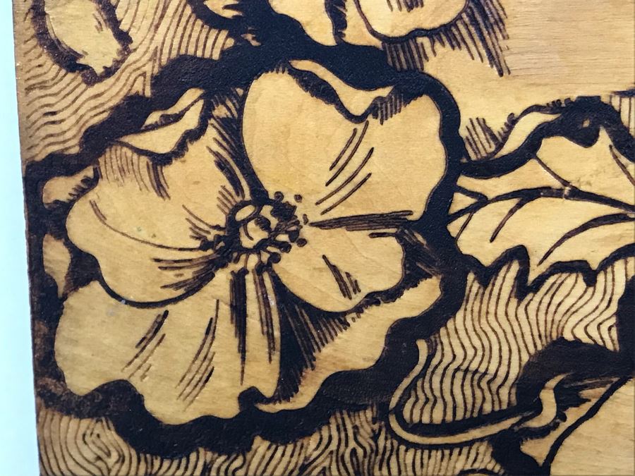 Antique Signed HDKFS Pyrography Burnt Wooden Hankie Box With Vintage Handkerchiefs Flemish Art 6W X 6D X 2H [Photo 12]