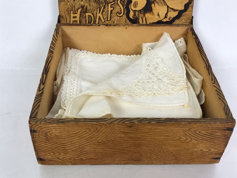 Antique Signed HDKFS Pyrography Burnt Wooden Hankie Box With Vintage Handkerchiefs Flemish Art 6W X 6D X 2H [Photo 14]