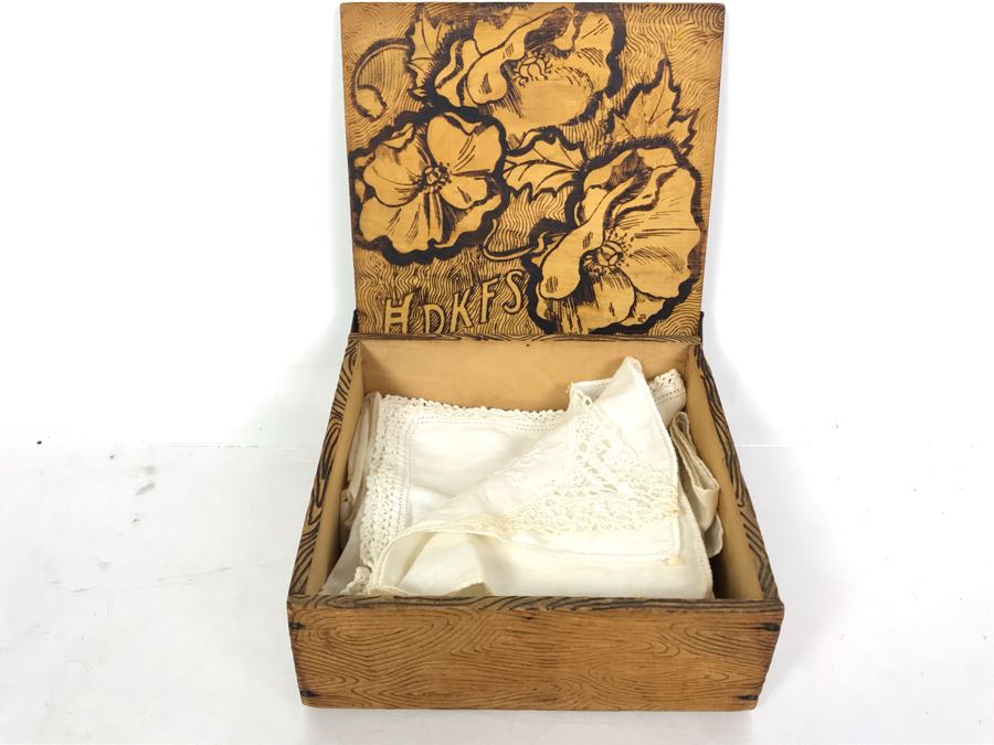 Antique Signed HDKFS Pyrography Burnt Wooden Hankie Box With Vintage Handkerchiefs Flemish Art 6W X 6D X 2H [Photo 1]