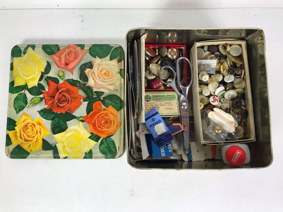  Vintage Tin Filled With Sewing Supplies And Old Buttons 9W X 4.5H