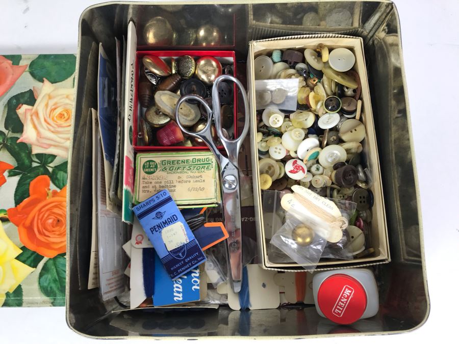 Vintage Tin Filled With Sewing Supplies And Old Buttons 9W X 4.5H [Photo 2]