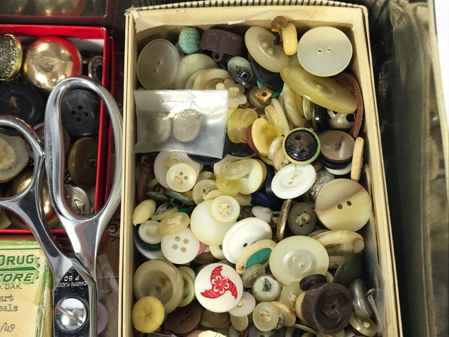  Vintage Tin Filled With Sewing Supplies And Old Buttons 9W X 4.5H [Photo 4]