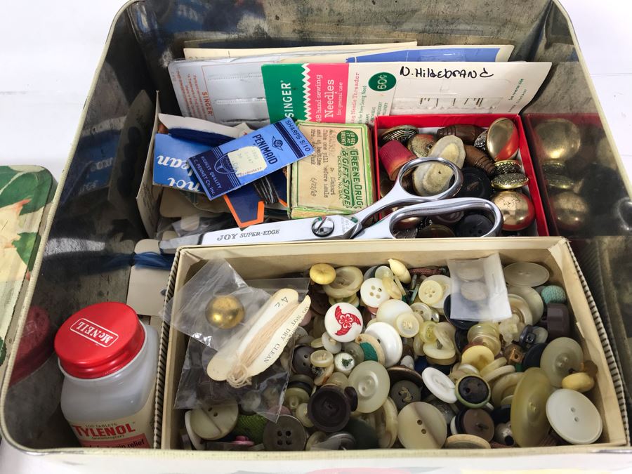  Vintage Tin Filled With Sewing Supplies And Old Buttons 9W X 4.5H [Photo 7]