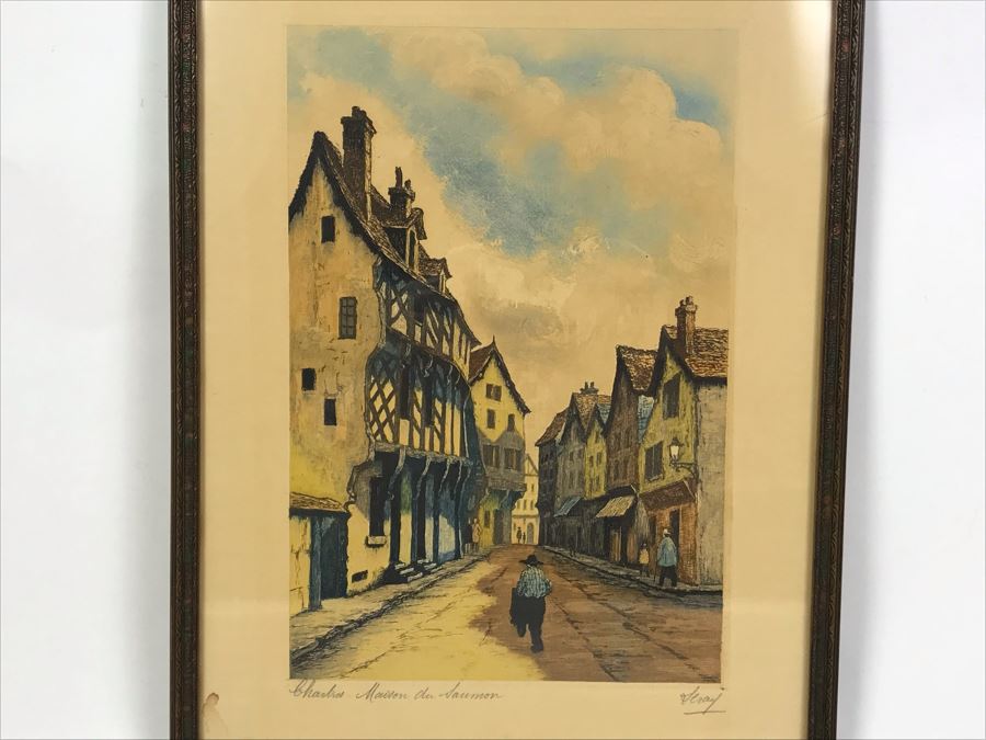 Vintage Signed Leray Hand Tinted Etching Chartres Maison Du Saumon 12.5 X 16.5 [Photo 3]