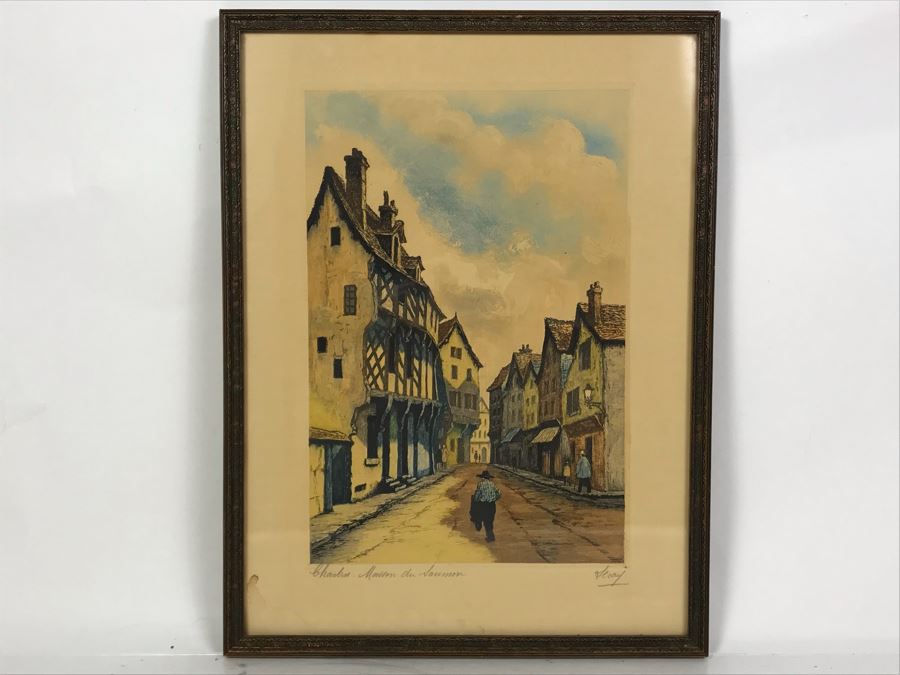 Vintage Signed Leray Hand Tinted Etching Chartres Maison Du Saumon 12.5 X 16.5 [Photo 2]