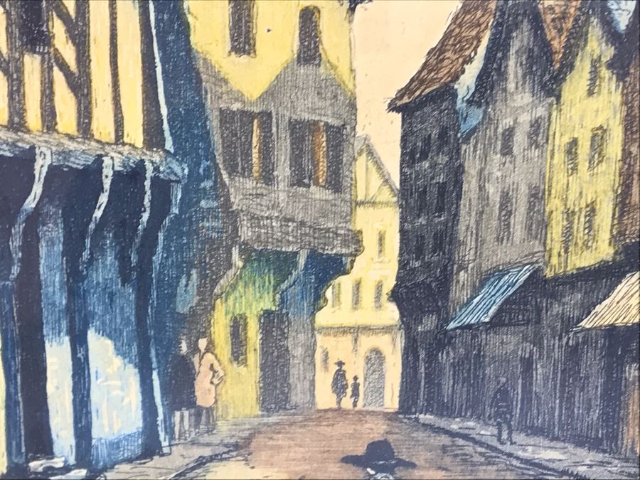 Vintage Signed Leray Hand Tinted Etching Chartres Maison Du Saumon 12.5 X 16.5 [Photo 16]