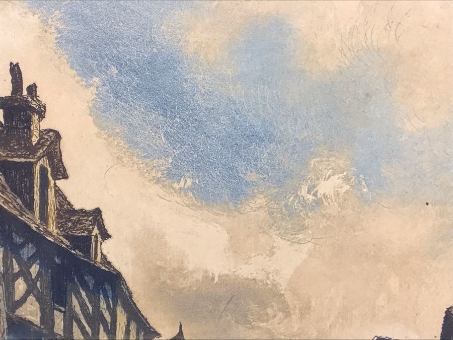 Vintage Signed Leray Hand Tinted Etching Chartres Maison Du Saumon 12.5 X 16.5 [Photo 5]