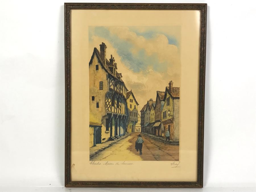 Vintage Signed Leray Hand Tinted Etching Chartres Maison Du Saumon 12.5 X 16.5