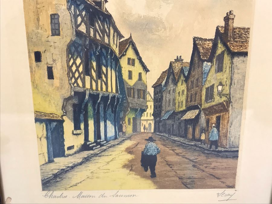 Vintage Signed Leray Hand Tinted Etching Chartres Maison Du Saumon 12.5 X 16.5 [Photo 8]