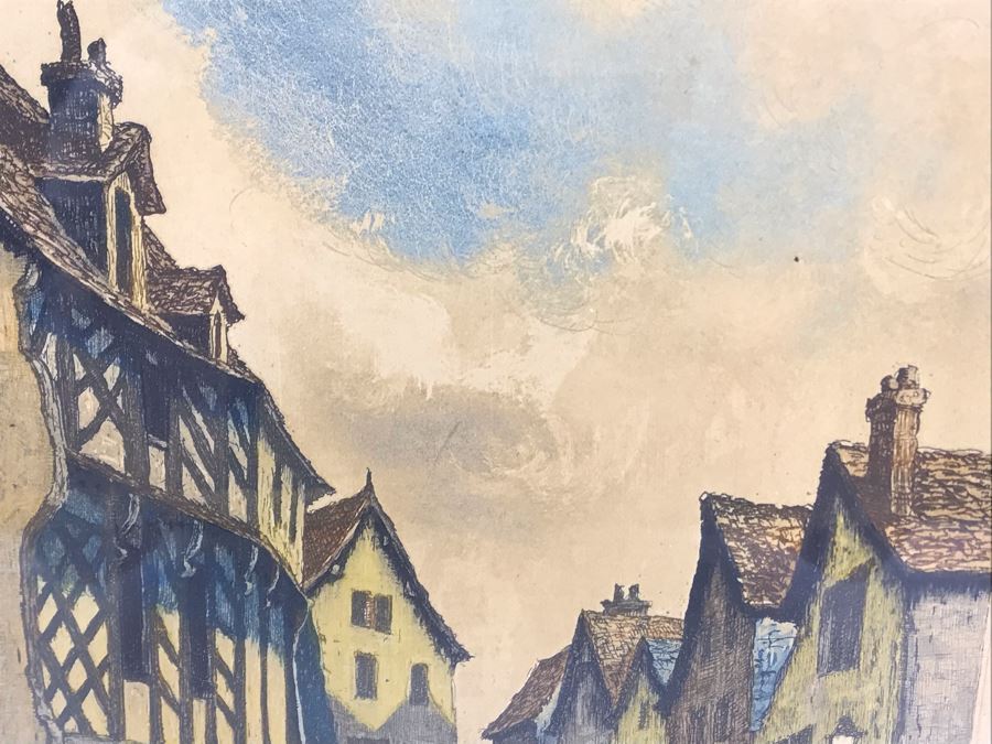 Vintage Signed Leray Hand Tinted Etching Chartres Maison Du Saumon 12.5 X 16.5 [Photo 6]