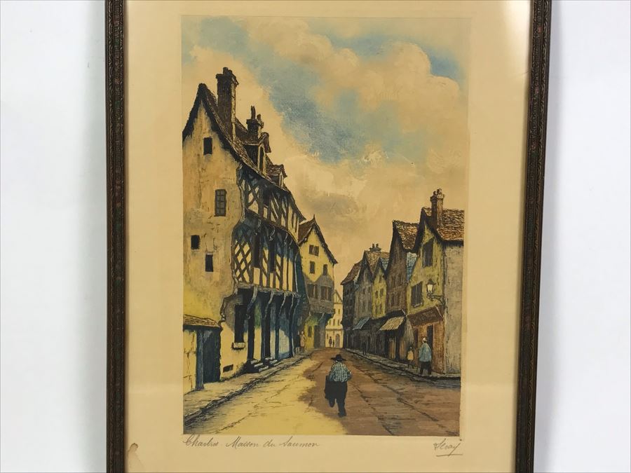 Vintage Signed Leray Hand Tinted Etching Chartres Maison Du Saumon 12.5 X 16.5 [Photo 4]
