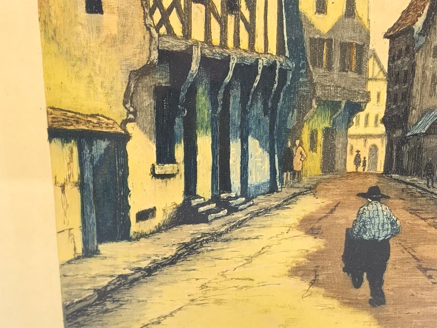 Vintage Signed Leray Hand Tinted Etching Chartres Maison Du Saumon 12.5 X 16.5 [Photo 13]