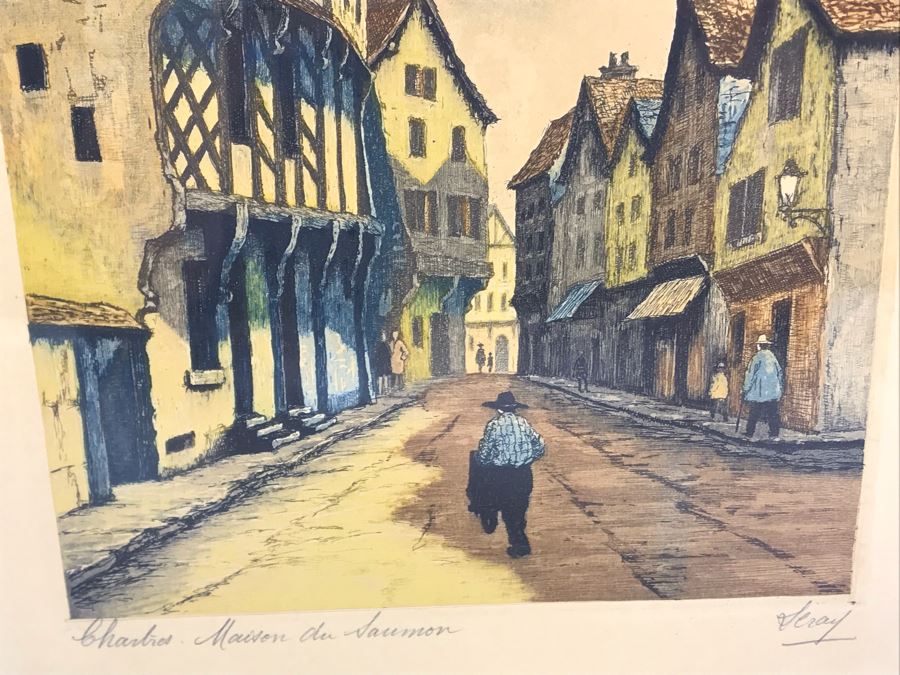 Vintage Signed Leray Hand Tinted Etching Chartres Maison Du Saumon 12.5 X 16.5 [Photo 7]