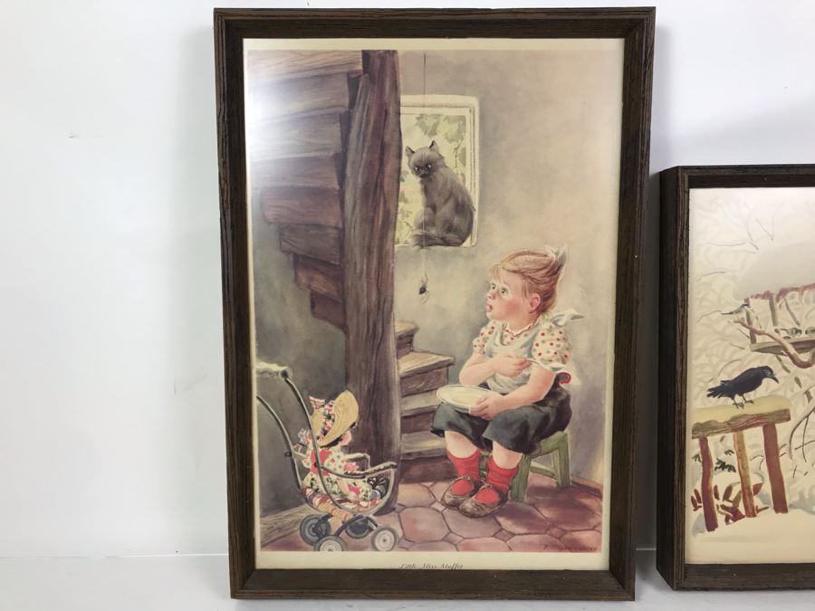 Pair Of Vintage 1945 Framed Simon And Shuster / Artists And Writers Guild Nursery Rhythm Lithographs: Little Miss Muffet 13.5 X 19 And Jack And Jill 18.5 X 14.5 By F. Rojankovsky [Photo 4]