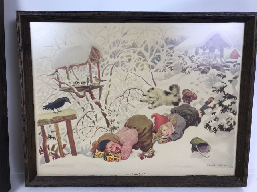 Pair Of Vintage 1945 Framed Simon And Shuster / Artists And Writers Guild Nursery Rhythm Lithographs: Little Miss Muffet 13.5 X 19 And Jack And Jill 18.5 X 14.5 By F. Rojankovsky [Photo 11]
