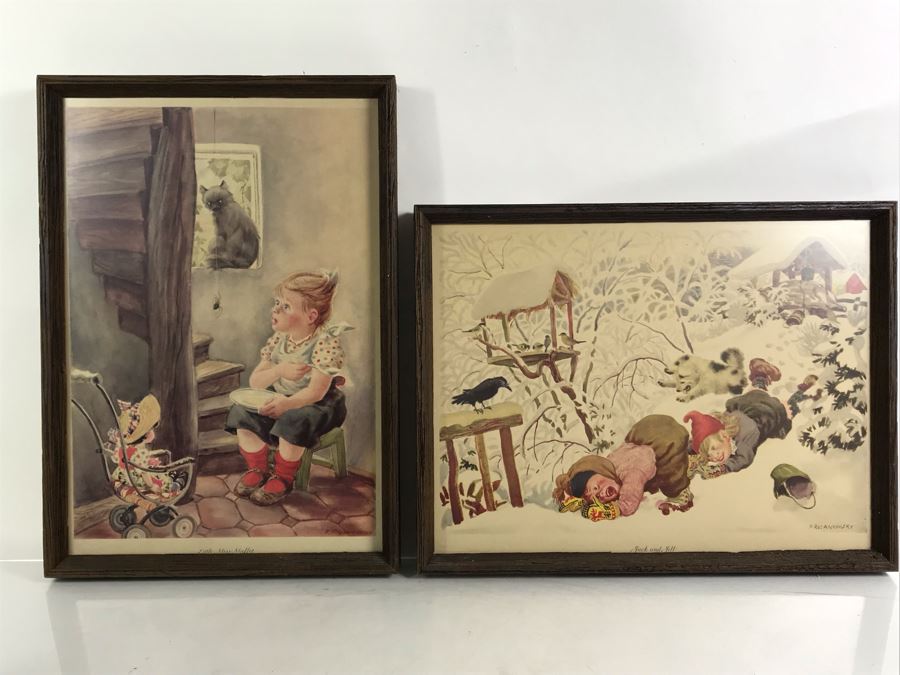Pair Of Vintage 1945 Framed Simon And Shuster / Artists And Writers Guild Nursery Rhythm Lithographs: Little Miss Muffet 13.5 X 19 And Jack And Jill 18.5 X 14.5 By F. Rojankovsky [Photo 3]