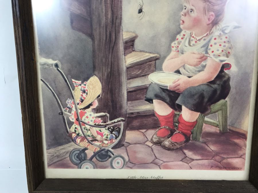 Pair Of Vintage 1945 Framed Simon And Shuster / Artists And Writers Guild Nursery Rhythm Lithographs: Little Miss Muffet 13.5 X 19 And Jack And Jill 18.5 X 14.5 By F. Rojankovsky [Photo 8]