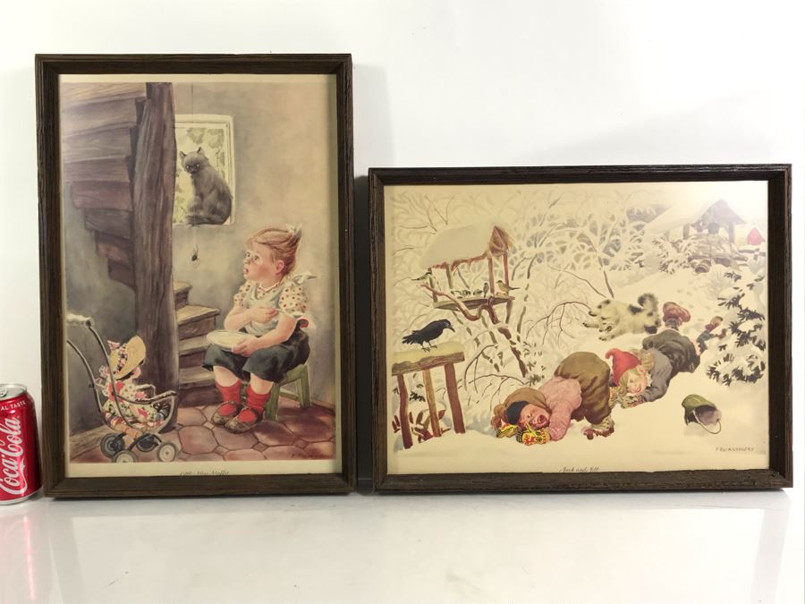 Pair Of Vintage 1945 Framed Simon And Shuster / Artists And Writers Guild Nursery Rhythm Lithographs: Little Miss Muffet 13.5 X 19 And Jack And Jill 18.5 X 14.5 By F. Rojankovsky