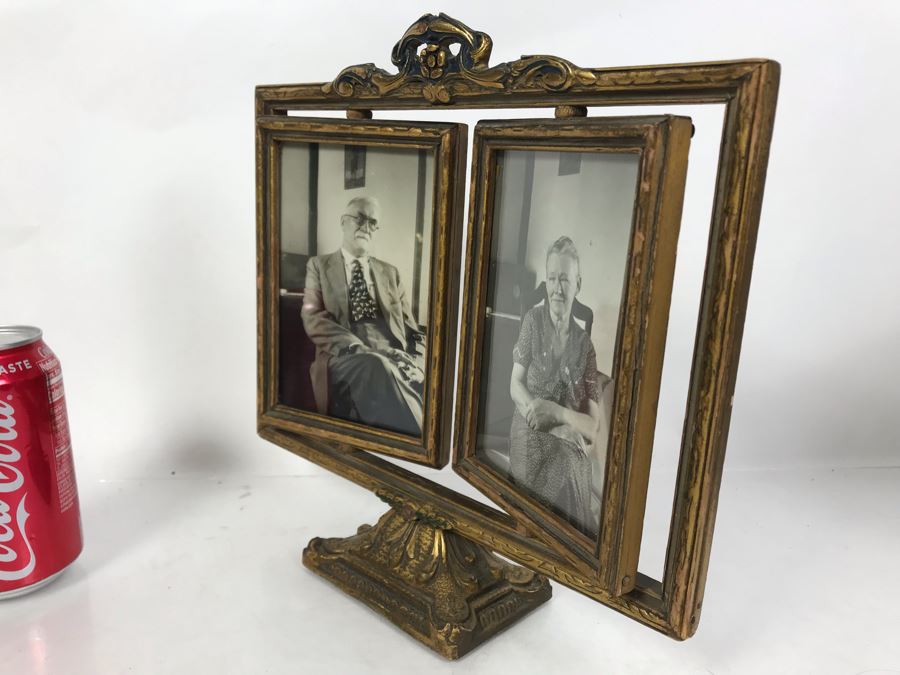 Stunning Vintage Gilded Wooden 2-Panel Picture Frame Adjustable Angle And Pair Of Vintage B&W Photographs 11W X 10.5H [Photo 9]