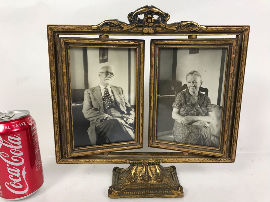 Stunning Vintage Gilded Wooden 2-Panel Picture Frame Adjustable Angle And Pair Of Vintage B&W Photographs 11W X 10.5H [Photo 2]