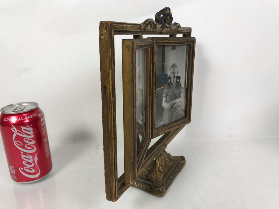 Stunning Vintage Gilded Wooden 2-Panel Picture Frame Adjustable Angle And Pair Of Vintage B&W Photographs 11W X 10.5H [Photo 6]