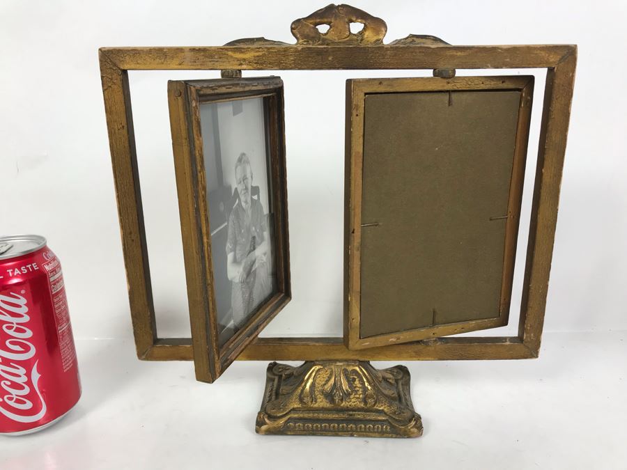 Stunning Vintage Gilded Wooden 2-Panel Picture Frame Adjustable Angle And Pair Of Vintage B&W Photographs 11W X 10.5H [Photo 8]
