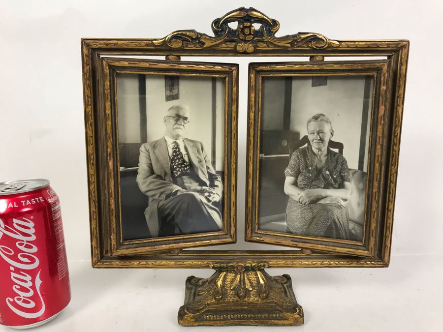 Stunning Vintage Gilded Wooden 2-Panel Picture Frame Adjustable Angle And Pair Of Vintage B&W Photographs 11W X 10.5H [Photo 1]