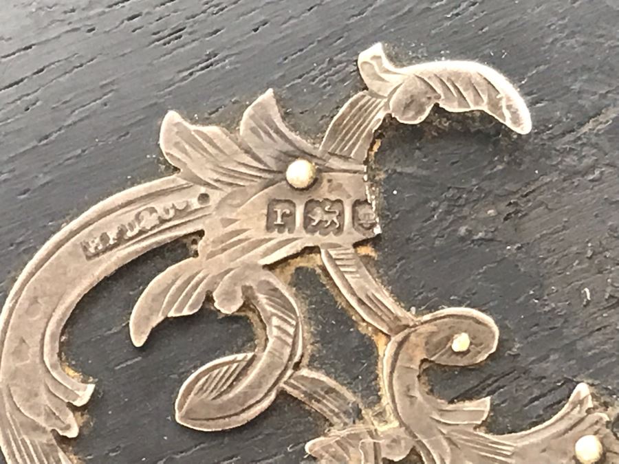 Vintage English Wooden Ebony Hand Mirror With Sterling Silver Design (See Photos) On Back 12 X 7 [Photo 8]